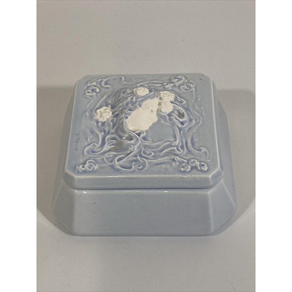 Vintage Pastel Blue Andreoli Art Nouveau Ladies Head Lidded Trinket Dish